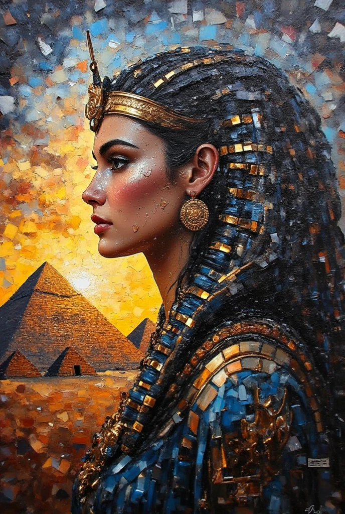  Mosaic painting black to white color gradient background, oil painting with visible impressionistic strokes of Image of graceful Cleopatra against the backdrop of the Egyptian pyramids, a dramatic golden sunset.