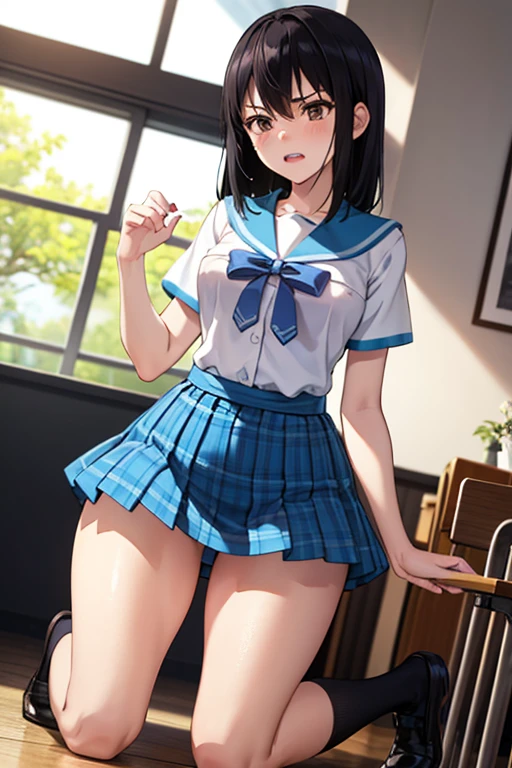 beautiful girl、Very cute angel、(masterpiece:1.2, of the highest quality), (actual, photoactual:1.4), Beautiful illustrations, Three women、 Looking at the audience, whole body, Front view:0.6, , Japanese, high school girl, (by the wide:1.5), Dry your hair, (half up, middle bottom, half up, middle bottomdo), hits, hair between the eyes, big breasts:0.8, beautiful hair, pretty face, beautiful and delicate eyes, beautiful clavicle, beautiful body, beautiful breasts, beautiful thighs, Beautiful feet, (beautiful views), , school, ((Short sleeve collar shirt, white shirt, school uniform, gray plaid pleated skirt, Blue checkered bow tie)), white, Lying on the podium table,The skirt hangs over the thighs, Open clothing buttons, show内衣, Put your hands behind your back,Open your legs,show, blush, ,smile、long skirt、