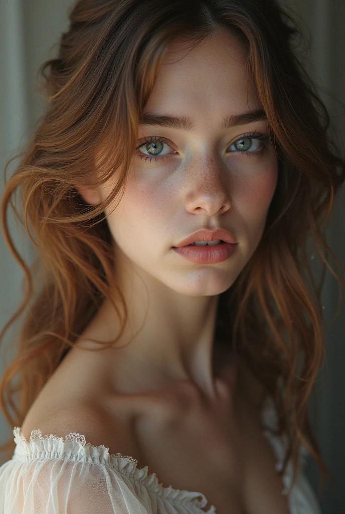 A curvy young woman poses on a quiet bathroom . The girl has extremely detailed eyes perfect eye , beautiful lips, long eyelashes and perfect anatomy. Her fragile body and hands are worked out to the smallest detail, with realistic, photorealistic and the highest quality rendering. The lighting is Rembrandt-esque, creating a dramatic, masterpiece scene. She has a European appearance, with a cute oval face, messy bun hair red hair and huge breasts. The woman poses in a retro style, looking like a high quality work of photographer David Dubnitsky. Her pale skin shows pores and moles, and She removes the short shorts and exposes her bare pussy. The scene was shot on a DSLR camera in 8K UHD resolution, with soft lighting and film grain.topless nude