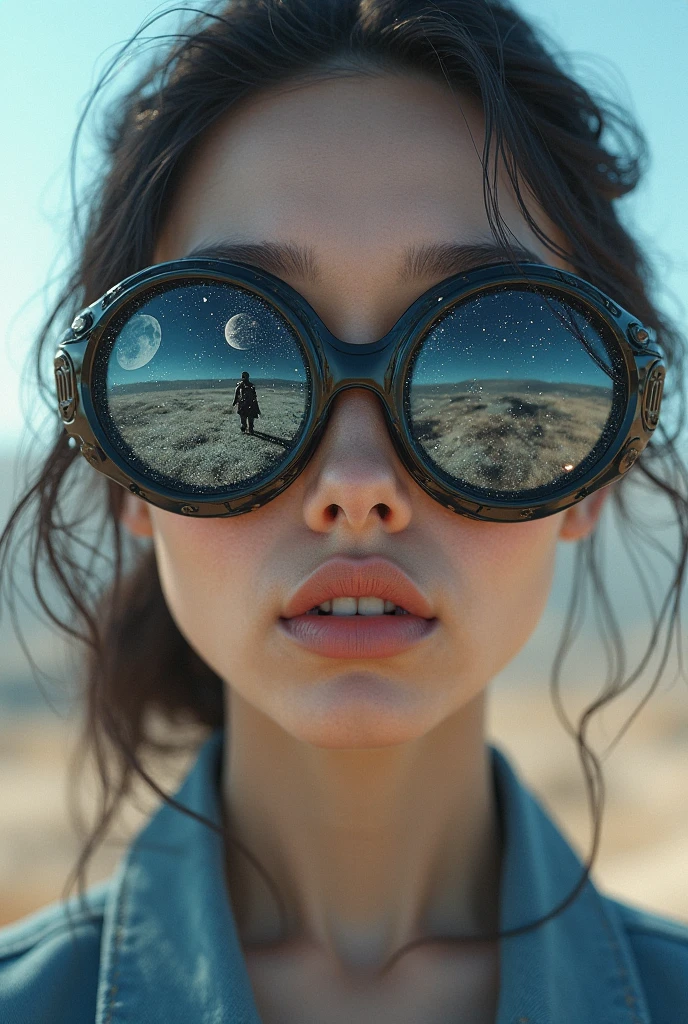 The model is wearing glass sunglasses with stars and the moon on the glass