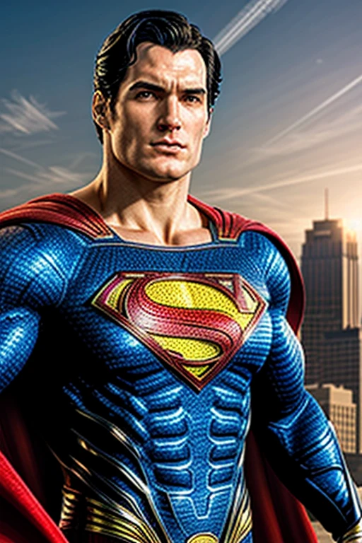 1boy, superman, abs, bara, black hair, blue bodysuit, blue eyes, bodysuit, cape, closed mouth, crossed arms, large pectorals, male focus, muscular, muscular male, pectoral lift, pectorals, red cape, short hair, outdoors, skyscrapers, solo, superhero, upper body , ((masterpiece))