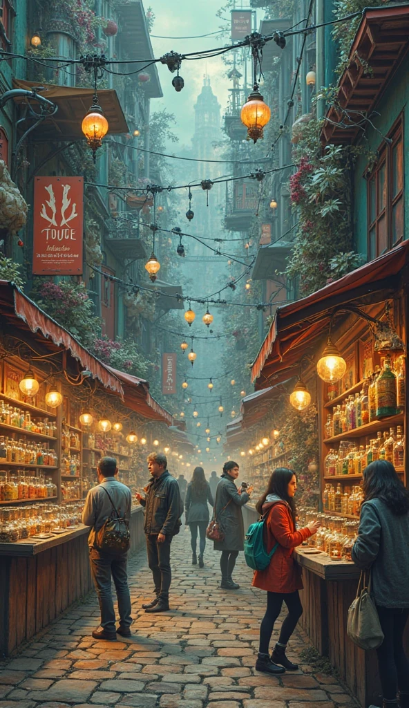 A surreal marketplace where people buy and sell personalities: confidence in jars, kindness in pills, authenticity behind glass cases — people try on fake emotions like clothes, satirical fantasy

