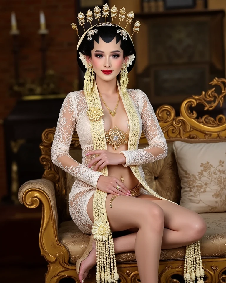 extremely beautiful, lovely girl;
age from 18-20 years old;
ivory white, rosy, flawless, shiny skin;
Her hair is red, smooth, shimmering under the bright sunlight;
Amorous eyes, extremely detailed, sexy, clear;
Perfectly beautiful eyelids, double eyelids;
curved, sparse, sharp eyebrows;
extremely beautiful face, light makeup, perfectly proportioned, beautiful in every detail, ((focus on the face));
pretty, tall, beautiful nose;
seductive lips, ((light pink, glossy lipstick));
radiant smile, beautiful white teeth;
The girl's body is full of youth, her clothes are tight;
accessories: necklaces, earrings, bracelets, pearls, diamonds, gold and silver, gemstones, emeralds, lapis lazuli, necklaces, earrings, jade belts;
firm breasts and nipples, tight bra, deep cleavage, ((highly protruding nipples));
plump buttocks, tight underwear;
wear thin silk shirts embroidered with diverse and colorful motifs;
metal mesh bustier, elaborate rivets;
((silk underwear, pure white, extremely thin, see-through));
Masterpiece, non-NSFW image quality, 8K CG HD, sharp, super beautiful graphics, professional, detailed, vibrant colors, advanced techniques, true RAW, high resolution, ((take focus on the underwear area));
The light is intricately colored, using black and gold rays;
Film art style, colorful, visually appealing;
((Girl standing in front of the ancient castle, many large statues, ancient towers create a super magical atmosphere, bright flower garden));