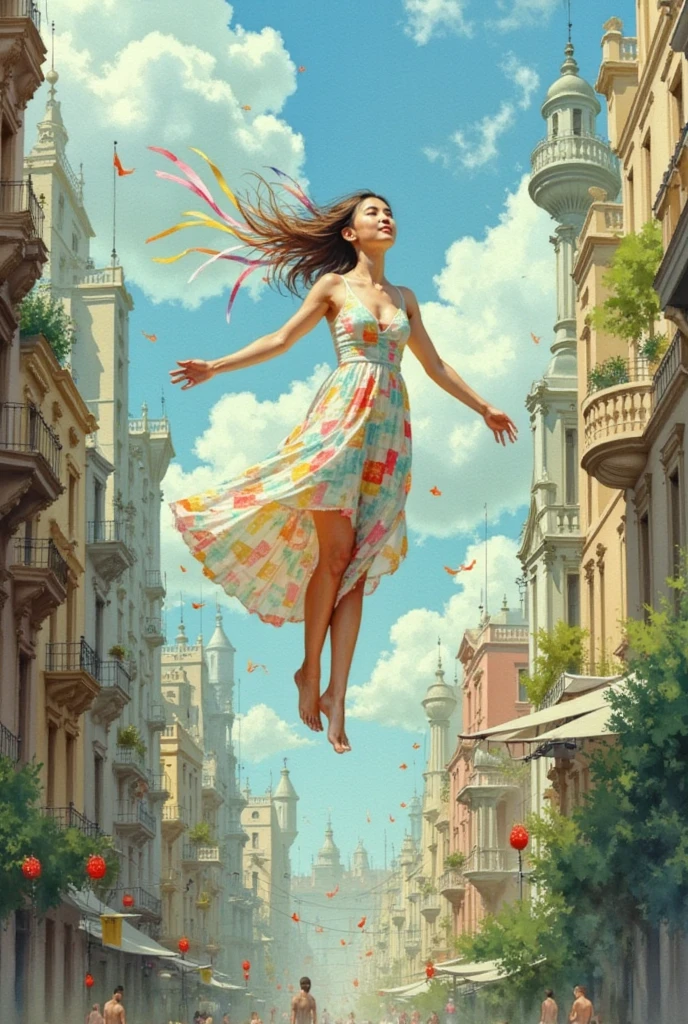 A young woman, her eyes closed in serene wonder, floating in the center of a vast, gravity-defying panorama. Her body is outstretched as if dancing with invisible partners, a whimsical patchwork gown adorned with mismatched patterns of the earth's elements fluttering around her. Her hair is not hair at all, but a river of colorful ribbons, each one stretching out into the impossible horizon, creating a vibrant aurora that weaves through the scene. The world below is a tapestry of M.C. Escher-inspired structures, with buildings and bridges curving in impossible angles, creating a cityscape that extends both upwards and downwards, blending into a sky filled with floating islands. These islands are lush with trees and buildings that seem to hang from the heavens, their foundations unseen. The colors are soft yet bold, reminiscent of ren's book illustrations, with pastel shades of pink, blue, and green dominating the palette. The cityscape is a maze of staircases ascending and descending simultaneously, leading to doorways that open into the sky. The woman's ???? feet are pointed, hinting at a silent ballet through the air. The overall effect is one of a serene dreamer navigating a universe where the laws of physics are merely playful suggestions, leaving the viewer with a sense of awe and a longing to join her in this fantastical realm.