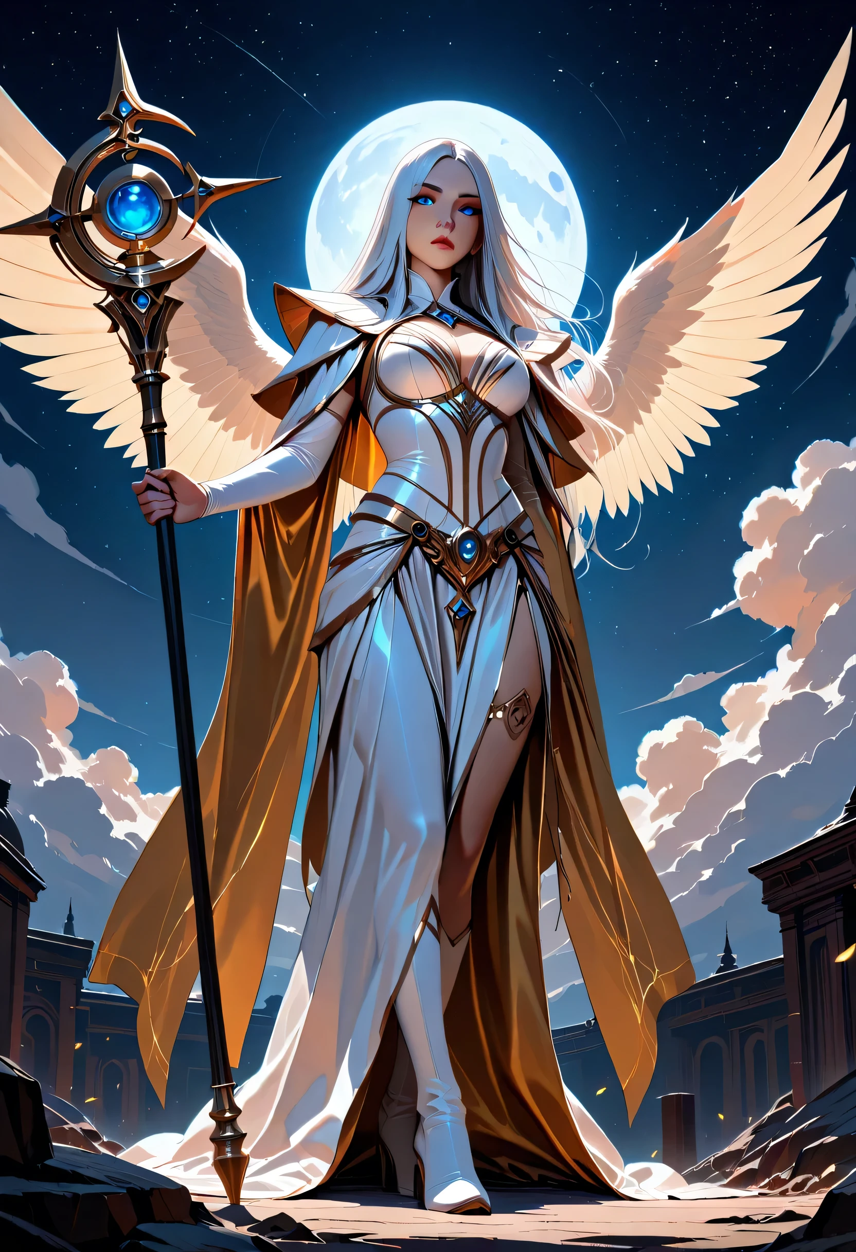 female, sorceress, casting divine spell, full body, aasimar, female, white large feathered wings, silver hair, blue eyes, determined face, divine light, intense eyes, ultra feminine, ultra detailed face, (Masterpieceת intense details:1.5), wearing white armor, high heeled boots, armed with staff, moon, stars, clouds, fantasy magical heaven background, cinematic lighting, soft light, silhouette, photorealism, 16k, highres, best quality, 2.5D rendering, fantasy, Fantasy Art Deco
