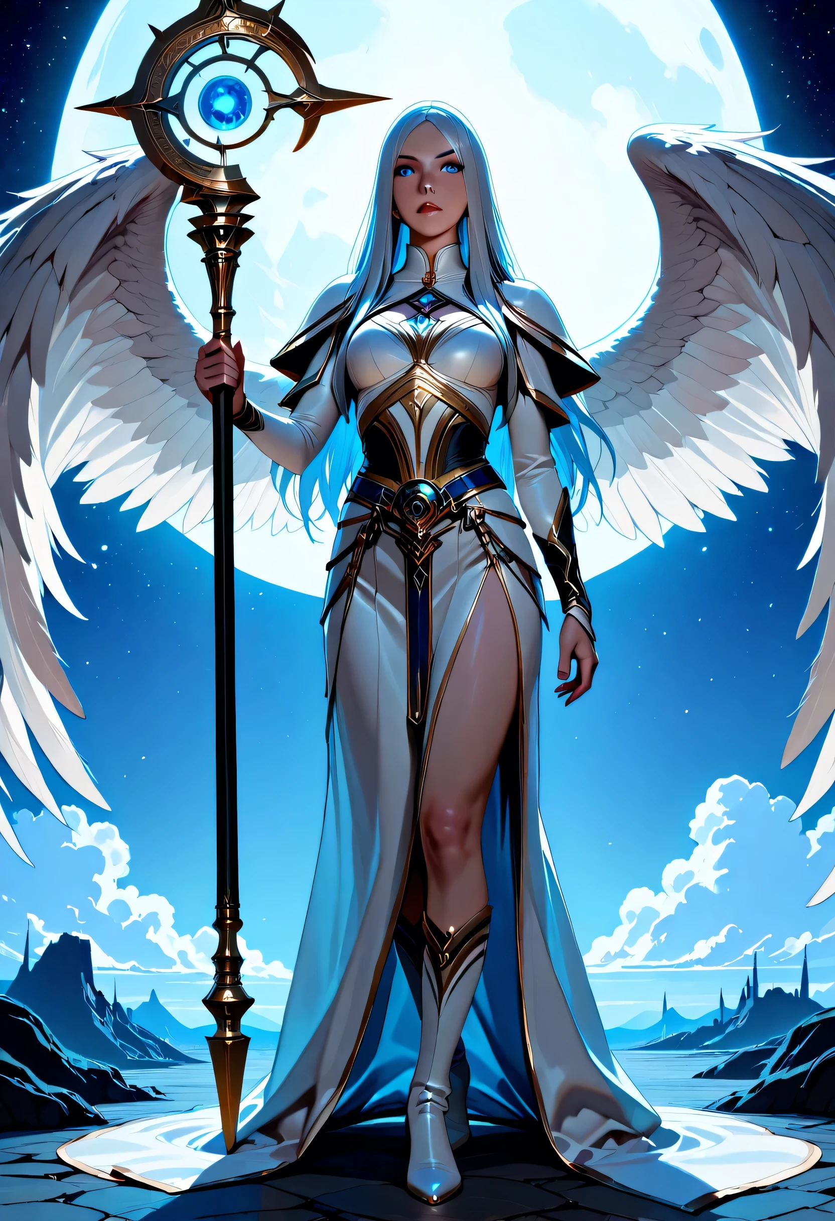 female, sorceress, casting divine spell, full body, aasimar, female, white large feathered wings, silver hair, blue eyes, determined face, divine light, intense eyes, ultra feminine, ultra detailed face, (Masterpieceת intense details:1.5), wearing white armor, high heeled boots, armed with staff, moon, stars, clouds, fantasy magical heaven background, cinematic lighting, soft light, silhouette, photorealism, 16k, highres, best quality, 2.5D rendering, fantasy, Fantasy Art Deco