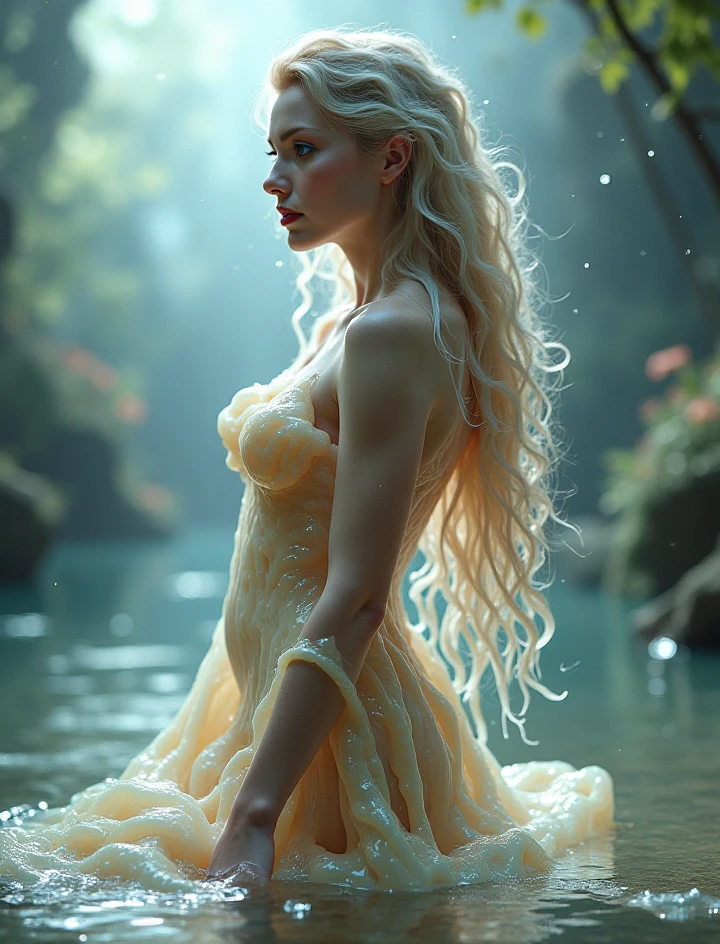 A woman with long white hair, I want her sitting there wearing a wet white cotton dress,she will be sitting on the grass of an enchanted garden,there will be a river with fireflies,I want an aura coming from her,I want the image to look like a secret garden and I want the atmosphere to be closed off.,I want her half fairy