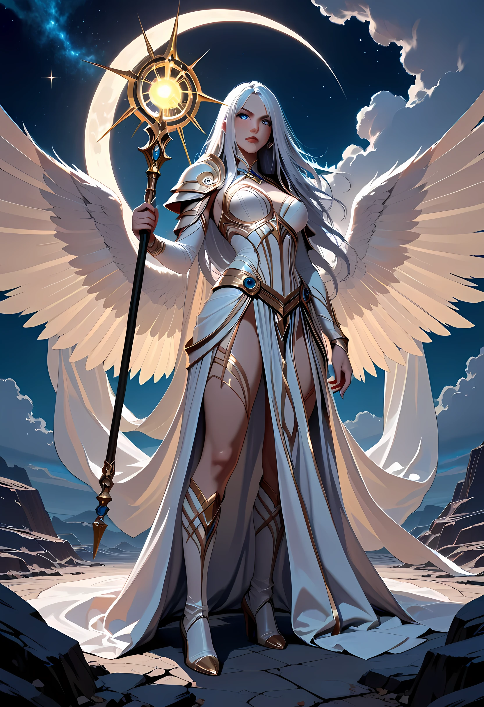 female, sorceress, casting divine spell, full body, aasimar, female, white large feathered wings, silver hair, blue eyes, determined face, divine light,  intense eyes, ultra feminine, ultra detailed face, (Masterpieceת intense details:1.5), wearing white armor, high heeled boots, armed with staff,  moon, stars, clouds, fantasy magical heaven background, cinematic lighting, soft light, silhouette, photorealism, 16k, highres, best quality, 2.5D rendering, fantasy, Fantasy Art Deco