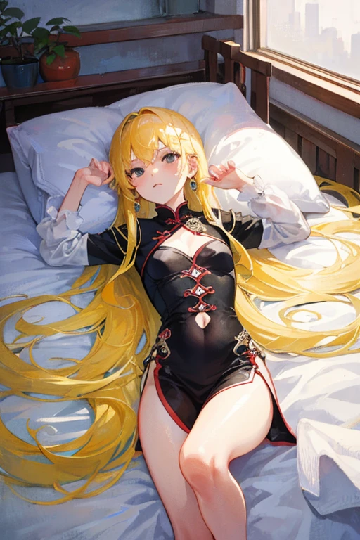 masterpiece, best quality, ultra-detailed,cat girl,cute, 1girl, ((yellow hair)), (white hair), (gradient hair :1.5), (big hair :1.3),sleep curled up in bed,closed eyes,bright, masterpiece)), ((best quality)), (ultra-detailed), look down from above, full body focus,nice hand,perfect hand,nice leg, mirrornun, tan, dark skin --auto