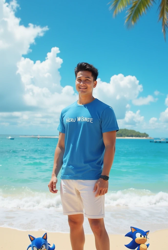 (Create a masterpiece: 1.2),(CGI art:1.3),(realistic:1.5),(After processing:1.3), (Sharp focus:1.3), 1 man sitting on a chair, open mouth, smile, (T-shirt without logo:1.5), Navy cargo pants, Korean guy , korean men, (High gloss details), chest muscles, large arm muscles, blood vessel, Big muscles, Broad shoulders, looking at the audience, Balancing the eyes, seaside beach sunshine looking at the sea