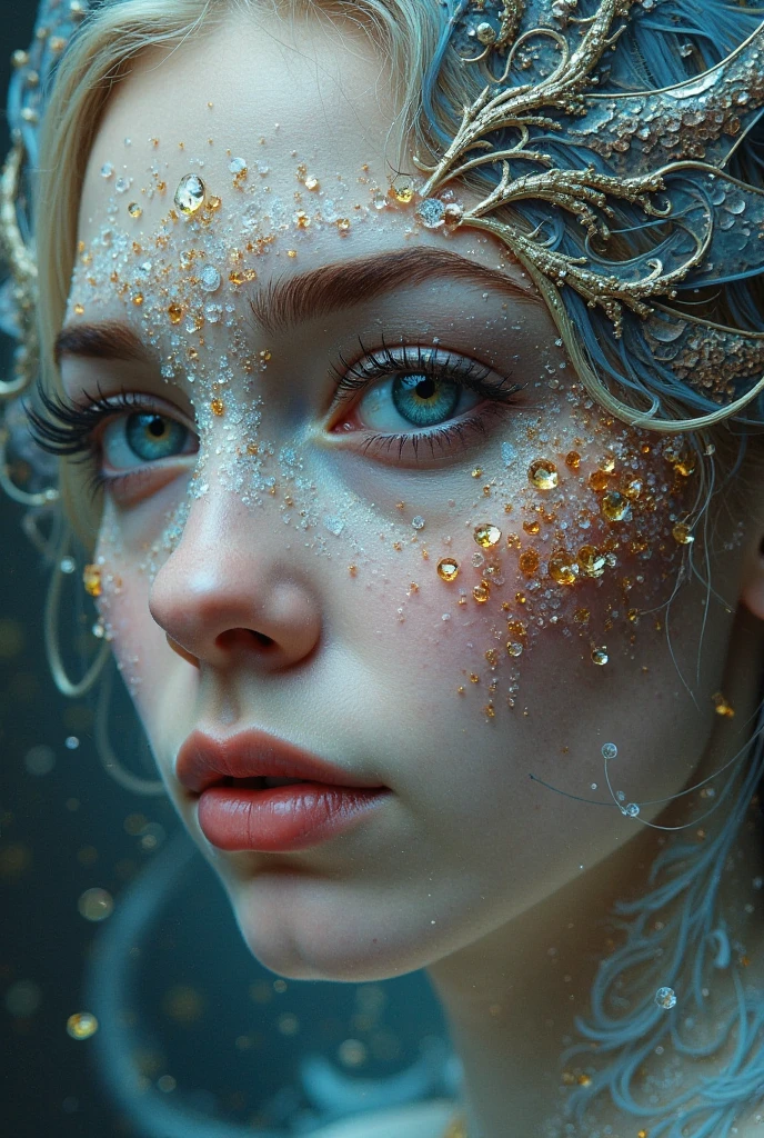 35mm, F/2.8, incredibly detailed and realistic body shot, small light coming in from below, one blond woman swimming under the sea, small surface like a mirror, perfect body, nice human legs, her beautiful face, hyper realistic, ultra detailed photograph of a barbarian woman, look like sofie turner, ((Jade ocean:1.25)), golden jewelry, shiny, sunlight and moonlight fractal details, (Anna Steinbauer:1.5), depth of field, HOF, hall of fame, detailed gorgeous face, apocalyptic environment, natural body posture, professional photographer, captured with professional DSLR camera, trending on Artstation, 64k, ultra detailed, ultra accurate detailed, bokeh lighting, surrealism, Thomas Kinkade background, urban, ultra unreal engine, ((Pauline Voß)), ((Pascal Quidault)), ((Anna Helme)), Martina Fackova, intricate, epic, freckles, peach fuzz, detailed mascara