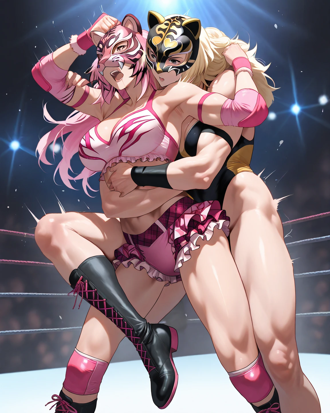 ((masterpiece)), ((high quality)), ((super detailed)), ((high resolution)) ,((8k)), a beautiful woman, ((She is one of the most famous female Gravure idol in the world.)), unparalleled beauty, ((huge breast)), ((large ass)), ((deep cleavage)), slim waist, chest out, ultra detailed face, perfect skin, (((Half-up hairstyle, Blonde Ponytail hair))), blue eyes,  detailed eyes, whole body image, (((anime))), ((glamorous)), 24 years old, ((incredibly beautiful woman)), ((The H cup bust)),  (((Succubus Outfit, Wrestler Costumes))),  ((beautiful breasts)), beautiful legs, 8 life size, anime, the most beautiful and strongest, ((charm)), ((Half Japanese and half British)), ((Grown-up face)), ((Open Finger Gloves, Five fingers)),  (((Women's mixed martial arts,  A fighting arena surrounded by wire mesh))), ((Ring name: Milk Tank)), ((Gravure idol and martial artist)), ((Provocative smile and pose)),