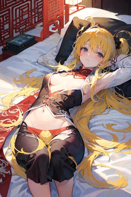 ((Highest quality)), ((masterpiece)), (Familiar), Lusamine,nsfw,Tattoo of the uterus,thin,Long blonde hair,Small breasts,Small breasts,Erect nipples,Adult female,Green Eyes,Slanted Eyes,Red Shirt,No sleeve,Gold embroidery,shoes,Fascinating,Black pants