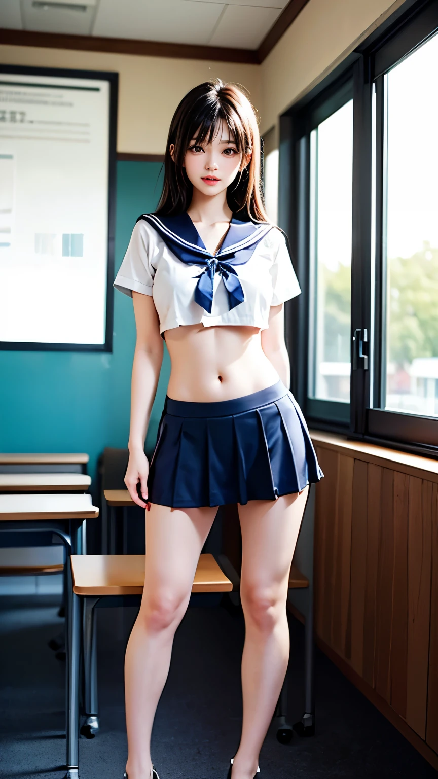 girls standing in classroom,white sailor shirt,high-rise full-back navy blue bikini bottom,18-year-old,back,bangs,a little smile,thighs,crotch,hip,poneytail,from below