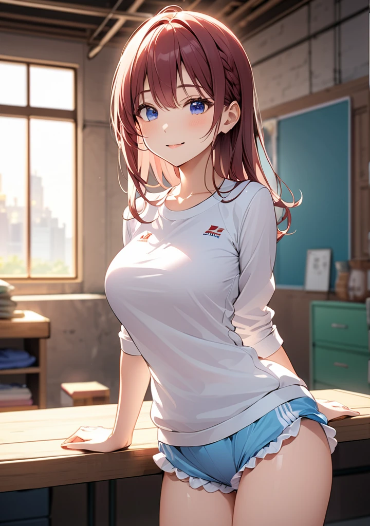 1womanl,Brown hair,14 year old beautiful breasts,(((Sexy white and red shiny short sleeve gym clothes and short cheeks、Smile with open mouth)),(((Kuroko Shirai))),((( portlate))),Crowds,Shiny white short-sleeved gym uniform and blue pants,Wet with sweat,((athletic field)),((see -through)),outside of house,(((clothes shiny)))