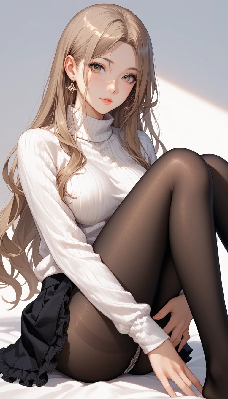 a girl in sweatshirt, shorts, ((a view from below)), long stockings or pantyhose, ((upskirt)), medium breasts, legs spread, (very detailed), (perfectly detailed face), (detailed hand), photorealistic image.