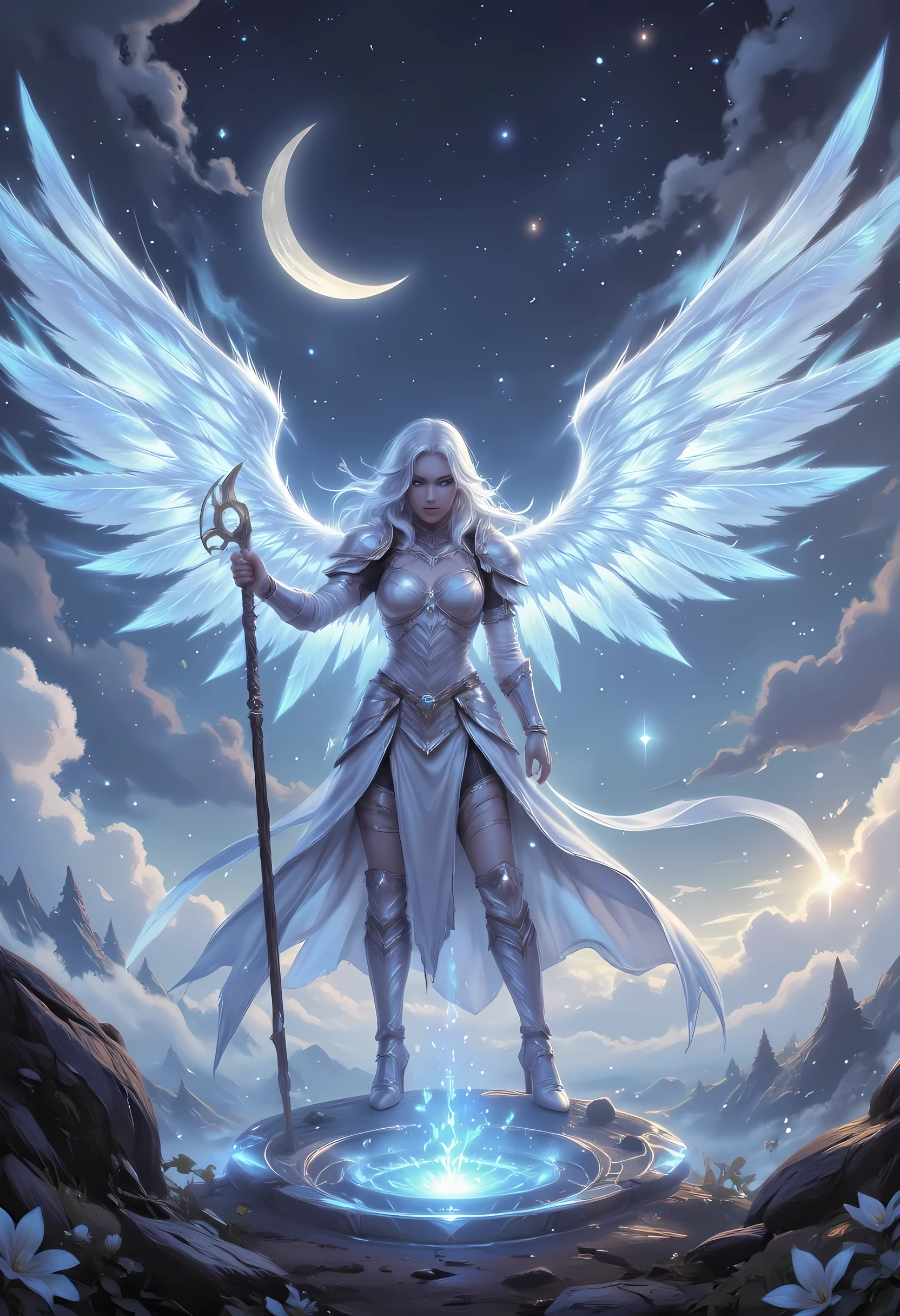 female, sorceress, casting divine spell, full body, aasimar, female, white large feathered wings, silver hair, blue eyes, determined face, divine light, intense eyes, ultra feminine, ultra detailed face, (Masterpieceת intense details:1.5), wearing white armor, high heeled boots, armed with staff, moon, stars, clouds, fantasy magical heaven background, cinematic lighting, soft light, silhouette, photorealism, 16k, highres, best quality, 2.5D rendering, fantasy, Celestial Fantasy