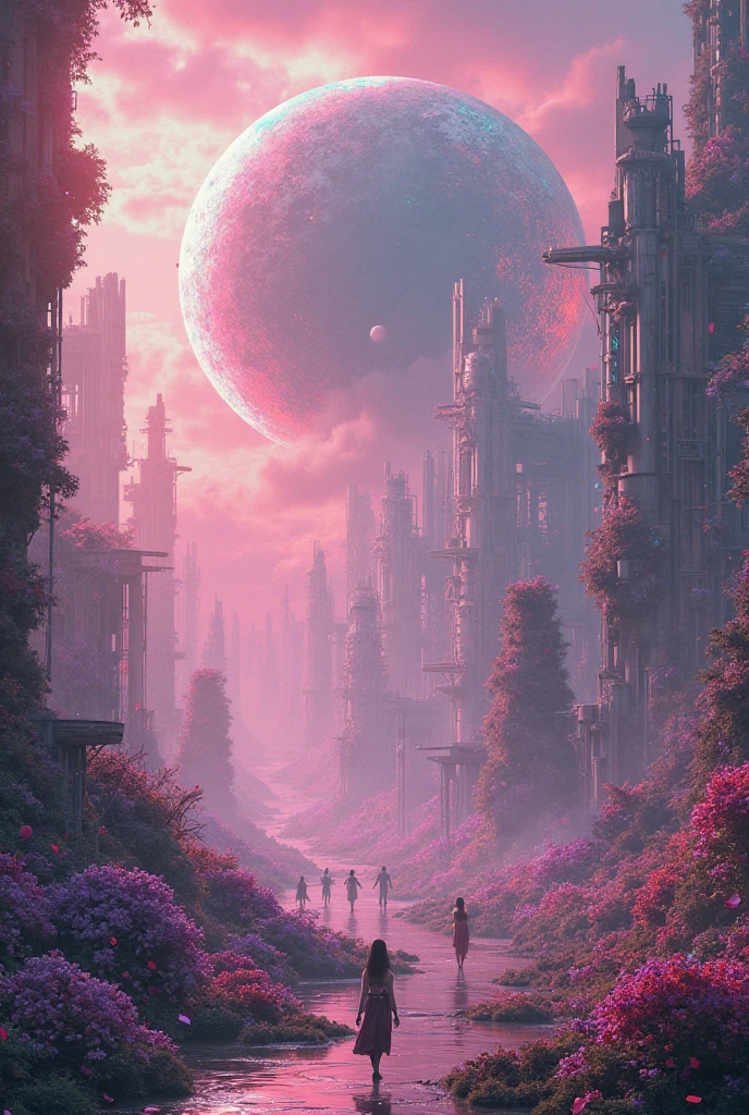 Cyber nostalgia, glitch special effects, retro structure, fantastic world of pink glade
