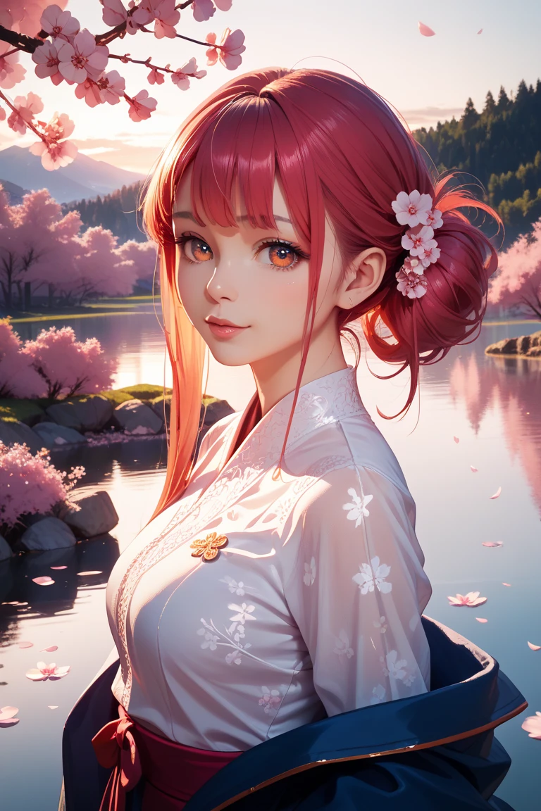 Mount Fuji during sunrise, cherry blossoms in full bloom, peaceful lake reflection, ultra realistic, cinematic lighting, vivid colors, 8k resolution, intricate details, perfect puzzle composition