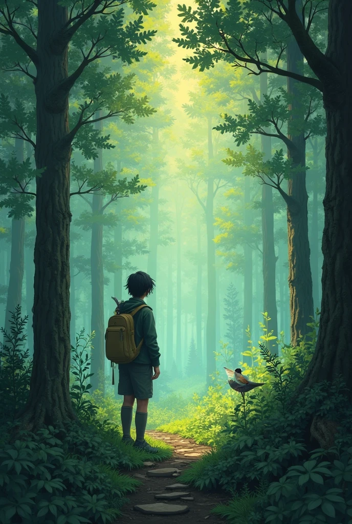 a close up of a person standing in a forest with a bird, amidst nature, background art, a beautiful artwork illustration, inspired by Jakub Schikaneder, lost in the forest, by Goro Fujita, magical environment, lost in a forest, magical forest backround, deep inside the forest, forest portal, looking majestic in forest, rens art in artstation