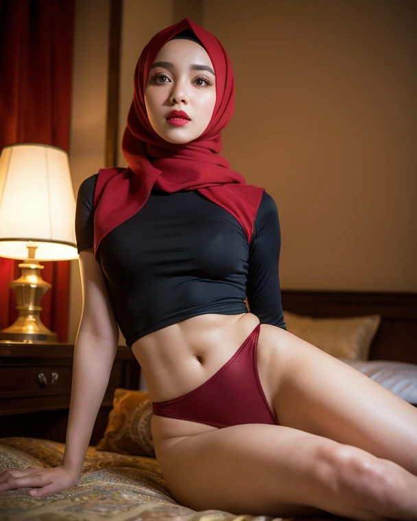 ((HAIRY PUSSY)), ((LAUGH AND SMILE SWEETLY)), ((THIN)), ((Straddling)), "Naked Lingerie Bra" ((Hijab Stylish)), (Malaysia female), age 15 years old, 8K, photottorialism, G-String, ((RED LIPSTICK))
