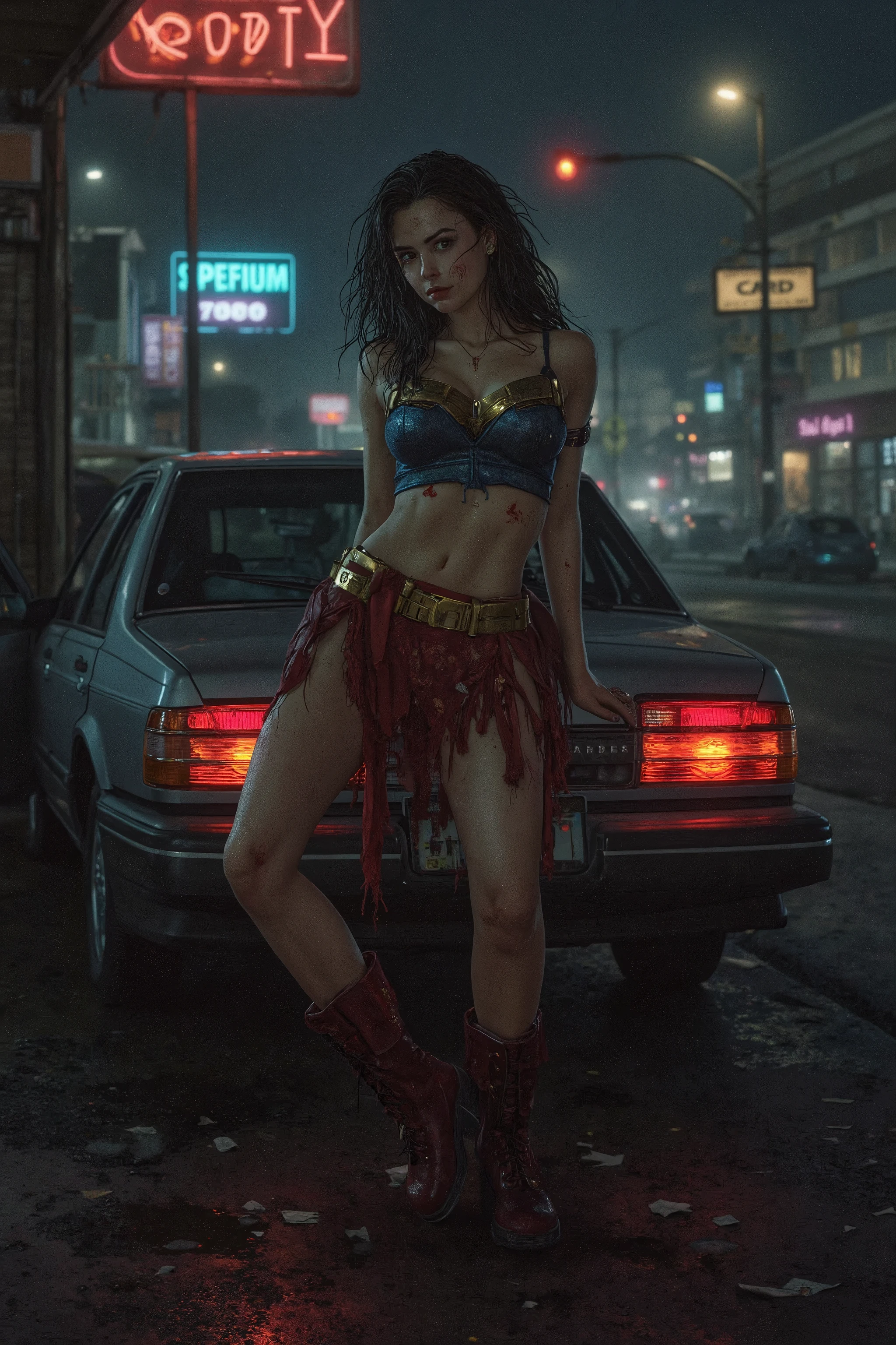 Supergirl, who has fallen into prostitution, is looking for customers on the streets at night. She leans against a parked car and looks at me.