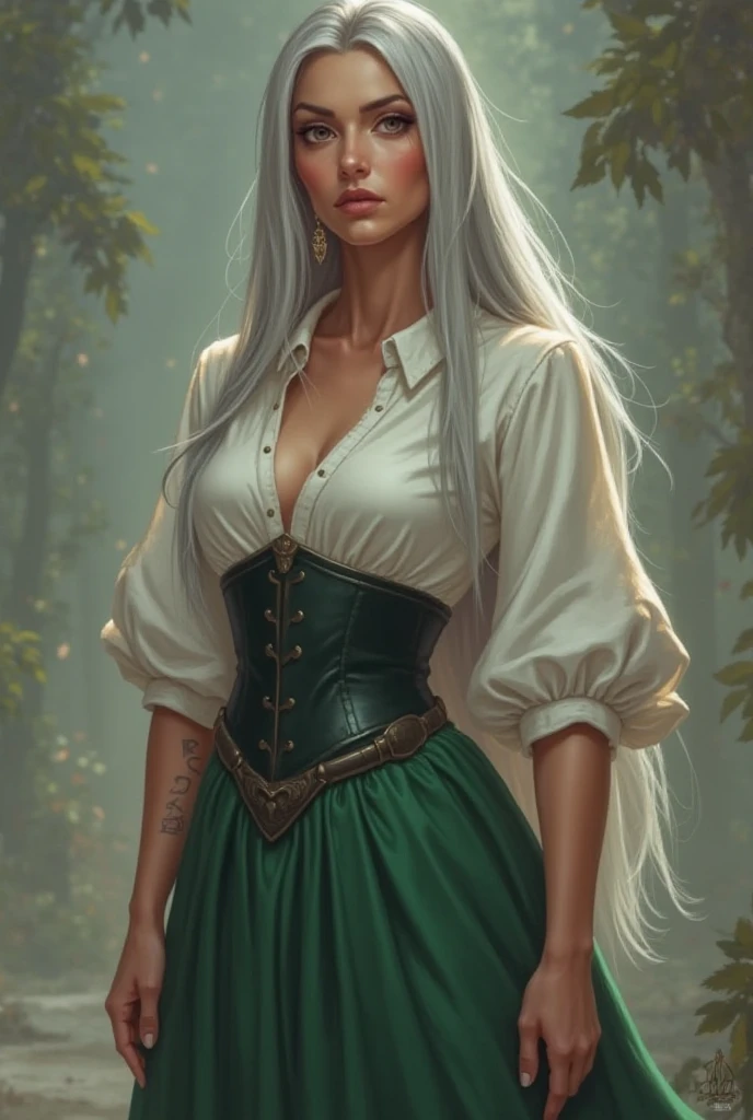 League of Legends character style. Adult woman with serious but sweet expression, You can tell that she is a wise woman who has seen and experienced many things. 
He has long straight silver hair, Some brown eyes. She wears a long green skirt with a white shirt and a dark green corset over her shirt.. Her figure is slender and her skin is tanned like a brunette 