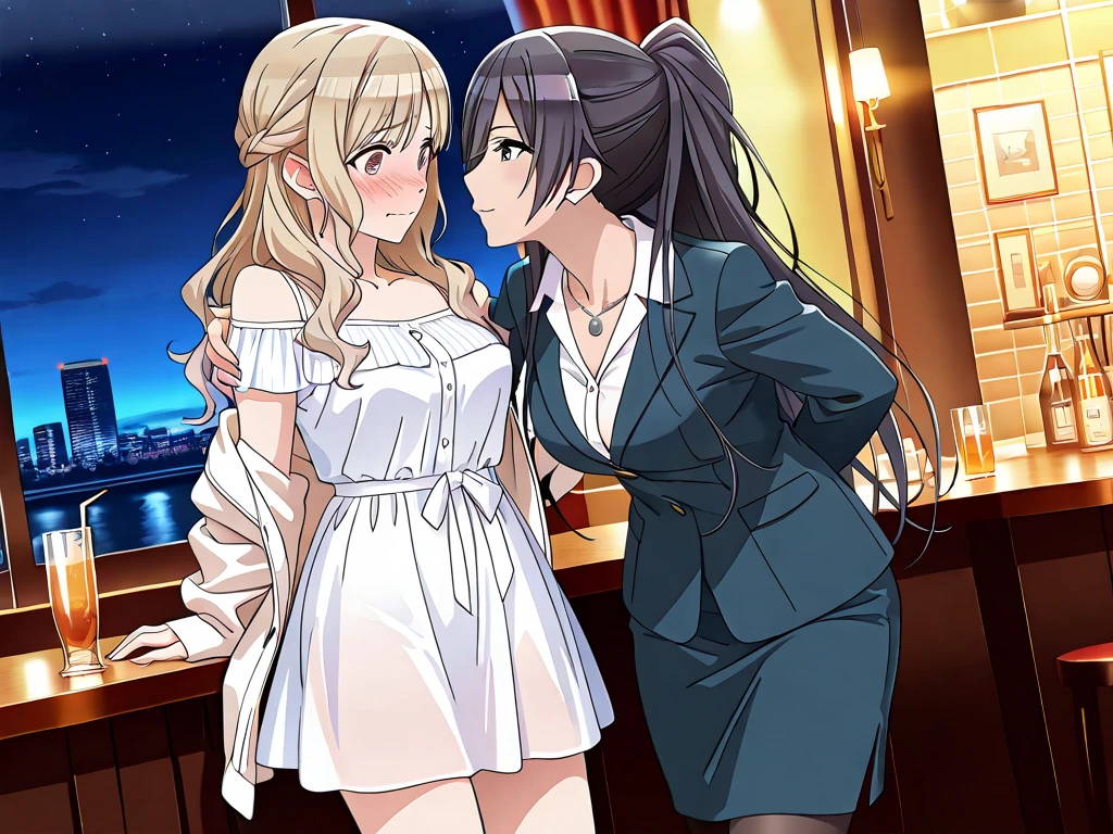 A mom，European 40 year old milfs  with blonde and brown hair, best quality:1.4), (Ultra-high resolution:1.2), (8K, RAW 照，flat chest。Small Breasts,business attire