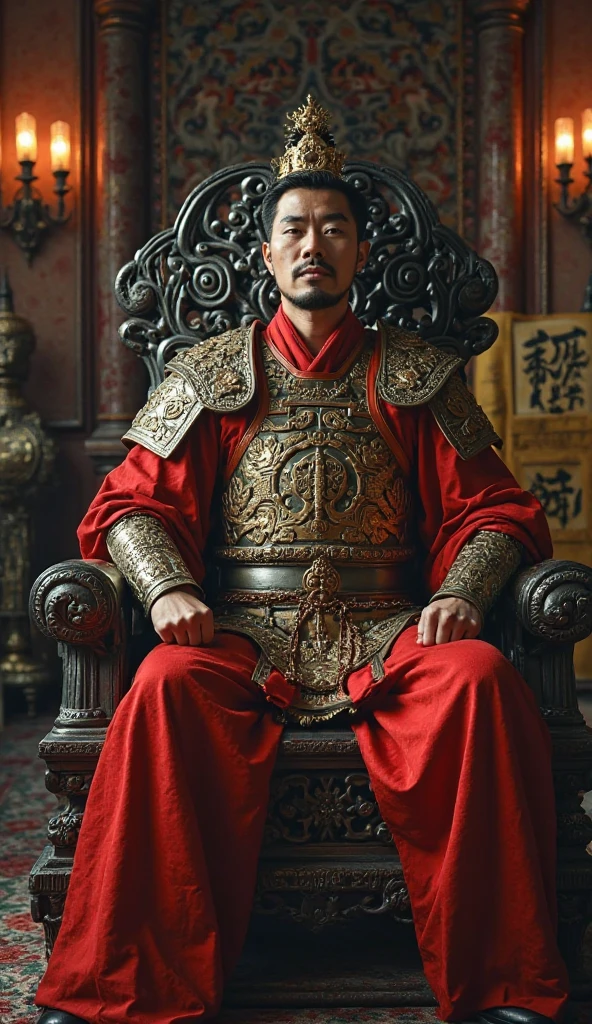 "Exchange rate Kan, on his imposing iron and leather throne, dressed in detailed traditional Mongolian armor, with red cape and crown, he serenely observes the living room of his palace. At your side,  In the scene , appears the back of a Glovo worker, wearing his modern uniform with the characteristic yellow backpack on his back, with the clearly visible logo. The contrast between the two figures, one historical and the other contemporary, highlights in a surprising way. El trono de Exchange rate Kan está adornado con símbolos mongoles antiguos y detalles de lujo, while the modern atmosphere of the Glovo worker introduces a temporary rupture, but curiously harmonious. The lighting is dramatic, con una luz cálida que ilumina el rostro de Exchange rate Kan, while the worker's yellow backpack stands out against the dark background of the palace."