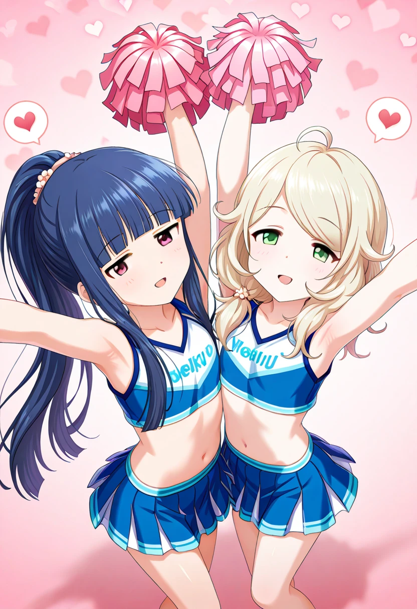 two girl、cheerleader、mini skirt、kiss、hug each other