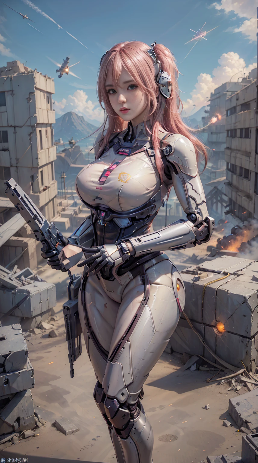 lifelike, high resolution, Soft Light,1 female, Solitary, Hips up, (Delicate face), Long hair, Pink Hair, Mecha Girl, Mechanical parts box，Very large , United, Single robotic arm, have, Mechanical Halo, Very huge breasts，hello star, Electromechanical jumpsuit, Mecha corset,, smokes， Big breasts excite the audience，Low-cut，machine gun，For the audience，Very huge ，，sword，gun，knife，手gun，radio，missile，airplane，ruins， Mechanical Limbal Arm，Destroyed buildings，struggle，fire，balls of fire，explode，fireworks，bombing，high tech，future，dust，dust飞扬