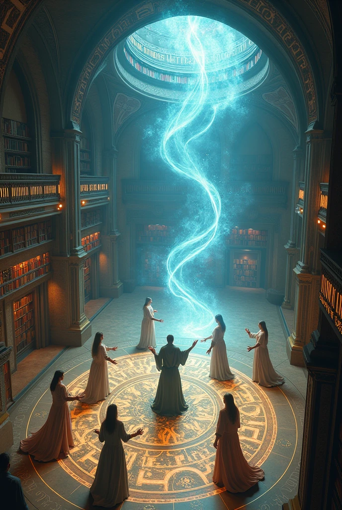 a training room for air mages that can withstand the magical properties of wind with bookshelves on the use of wind magic and students training with a professor