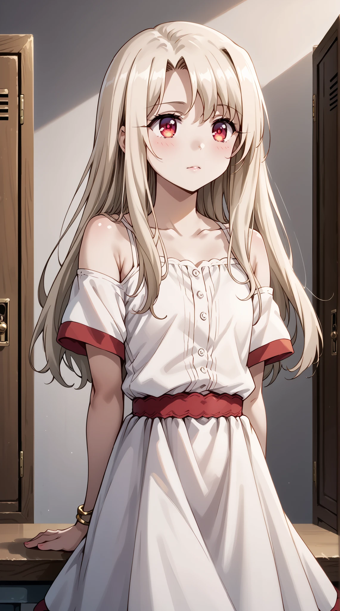 score_9, score_8_up, score_7_up, source_anime, 4K,perfect fingers,(perfect hands, perfect anatomy),prefect lighting, very aesthetic, intricate details,highly detailed background, masterpiece, high quality, best quality,
1girl,illyasviel von Einzbern, long hair, blonde hair, red eyes, parted bangs, Large Breast,
wearing ((bangle, bare shoulders, bracelet, dress, jewelry, short sleeves, shiny clothes, )),
A sagging breast, changing room, lockers, facing viewer, standing, ((arms behind back:1.2)), sensual, sitting,