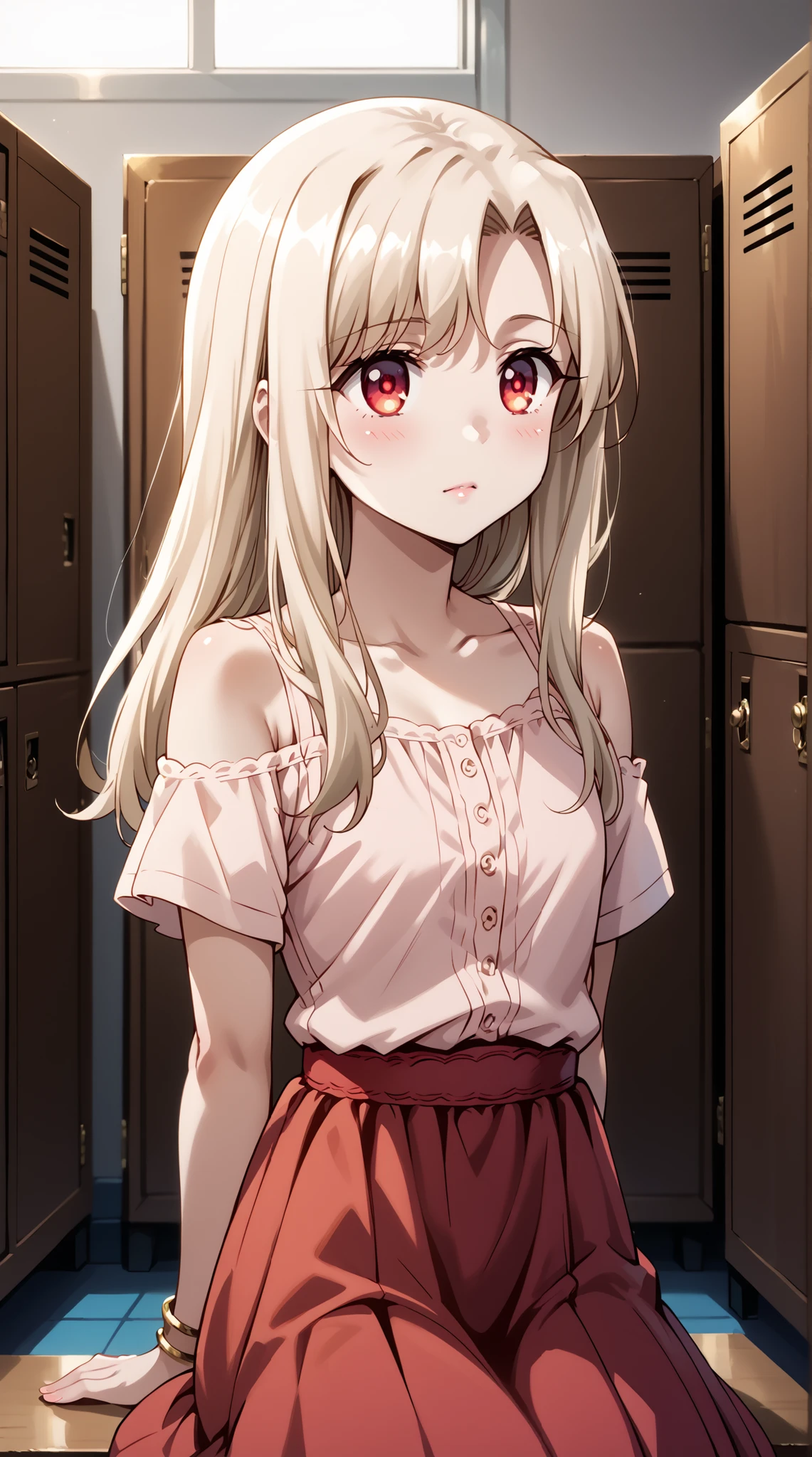 score_9, score_8_up, score_7_up, source_anime, 4K,perfect fingers,(perfect hands, perfect anatomy),prefect lighting, very aesthetic, intricate details,highly detailed background, masterpiece, high quality, best quality,
1girl,illyasviel von Einzbern, long hair, blonde hair, red eyes, parted bangs, Large Breast,
wearing ((bangle, bare shoulders, bracelet, dress, jewelry, short sleeves, shiny clothes, )),
A sagging breast, changing room, lockers, facing viewer, standing, ((arms behind back:1.2)), sensual, sitting,