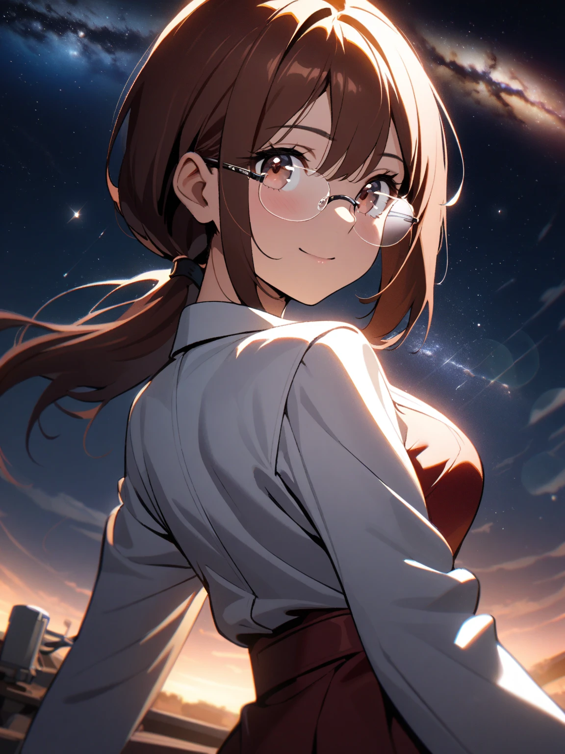 1lady, red brown hair, low short ponytail, rimless glasses, bright white highlights on glasses, white coat, darkred dress shirt, gray pants, beautiful ??????, turn around, light smile, hold a file, rocket launch site base back ground, night, (milkyway:1.1), low angle, look at viewer, upper body, lensflare, lensghost, natural lighting, subtle highlights and shadows