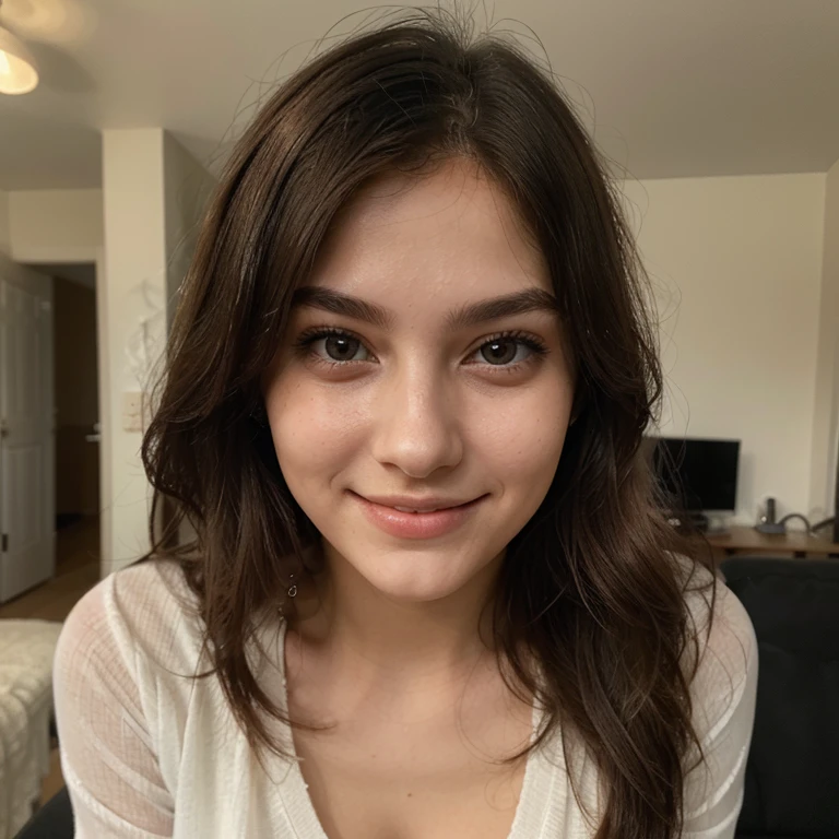 "Una dama con belleza de piel corta y morena, El cabello runio despeinado se para ti, Sus labios gruesid se curvaron en un suave, small smile. Sus ojos tienen un toque de curiosidad y calidez., y su presencia parece irradiar un aura de tranquila confianza., realista
