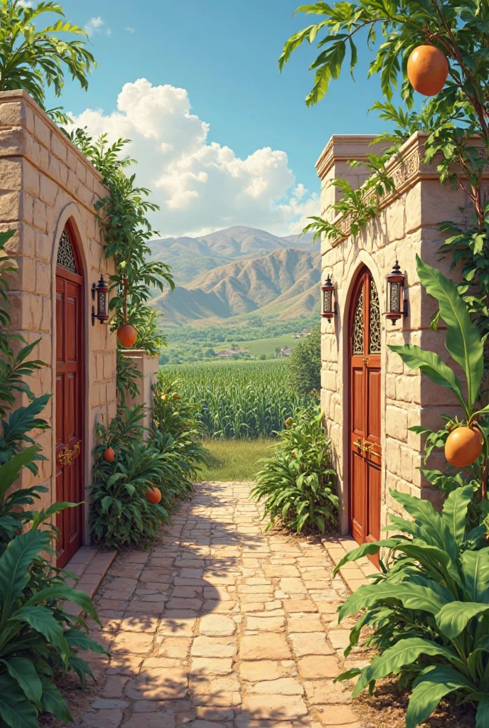 Yvonne's background on heritage in Jizan, where clothes, doors, decorations, nests, mango and banana trees, green corn fields, hills and valley . I don't want people in the picture 