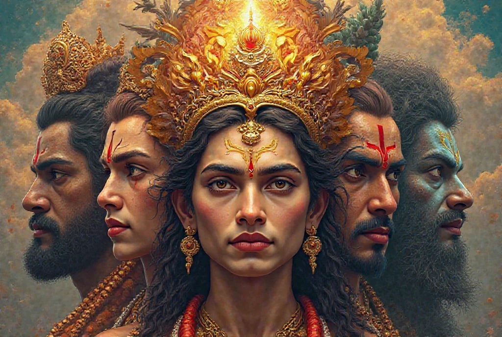 

Subject: A divine representation of Panchamukhi Hanuman with five distinct faces, each embodying a different aspect of Lord Vishnu.

Overall Composition:

Central Structure: The artwork features a central upward-facing face (Hayagriva) symbolizing wisdom, and four lateral faces arranged along the cardinal directions.

Symmetry: The design should be balanced and radiate divine energy from a central point.


Faces and Their Attributes:

1. East Face (Hanuman):

Features: A heroic, muscular visage exuding unwavering devotion and courage, with expressive eyes and subtle details that suggest his service to Lord Rama (like a sacred thread or emblem).

Color Scheme: Warm, energetic colors such as vibrant oranges, reds, and hints of fiery gold.



2. South Face (Narasimha):

Features: A powerful hybrid form combining human and lion attributes—fierce eyes, a bold, partially leonine mane, with a look of fearlessness.

Color Scheme: Intense reds, dark shadows and glowing highlights to suggest the strength and victory over evil.



3. West Face (Garuda):

Features: An ethereal, bird-like face with delicate feather textures, conveying freedom and liberation.

Color Scheme: Cool hues of deep blues and turquoise, with gold accents to evoke the vastness of the sky.



4. North Face (Varaha):

Features: A robust, earthy expression with noble boar-like features that suggest the power to uplift and restore balance.

Color Scheme: Earthy tones such as rich browns and greens, possibly accented with silver to denote prosperity.



5. Central, Sky-Facing Face (Hayagriva):

Features: A serene, contemp