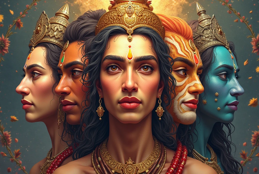 

Subject: A divine representation of Panchamukhi Hanuman with five distinct faces, each embodying a different aspect of Lord Vishnu.

Overall Composition:

Central Structure: The artwork features a central upward-facing face (Hayagriva) symbolizing wisdom, and four lateral faces arranged along the cardinal directions.

Symmetry: The design should be balanced and radiate divine energy from a central point.


Faces and Their Attributes:

1. East Face (Hanuman):

Features: A heroic, muscular visage exuding unwavering devotion and courage, with expressive eyes and subtle details that suggest his service to Lord Rama (like a sacred thread or emblem).

Color Scheme: Warm, energetic colors such as vibrant oranges, reds, and hints of fiery gold.



2. South Face (Narasimha):

Features: A powerful hybrid form combining human and lion attributes—fierce eyes, a bold, partially leonine mane, with a look of fearlessness.

Color Scheme: Intense reds, dark shadows and glowing highlights to suggest the strength and victory over evil.



3. West Face (Garuda):

Features: An ethereal, bird-like face with delicate feather textures, conveying freedom and liberation.

Color Scheme: Cool hues of deep blues and turquoise, with gold accents to evoke the vastness of the sky.



4. North Face (Varaha):

Features: A robust, earthy expression with noble boar-like features that suggest the power to uplift and restore balance.

Color Scheme: Earthy tones such as rich browns and greens, possibly accented with silver to denote prosperity.



5. Central, Sky-Facing Face (Hayagriva):

Features: A serene, contemp