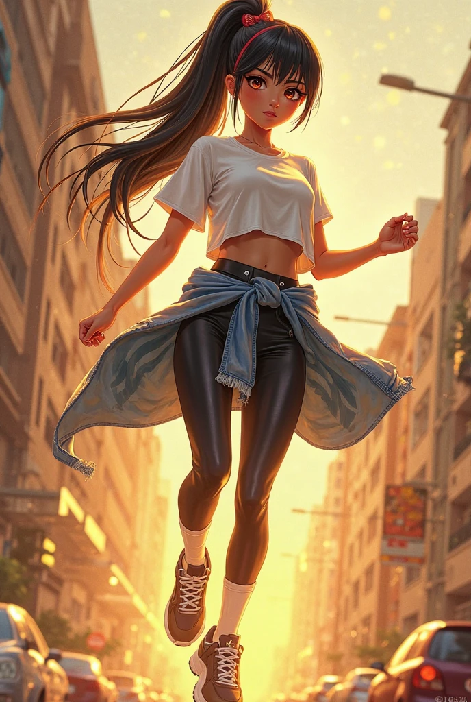 (best quality,ultra-detailed,portrait,illustration:1.2),Ariana Grande with a ponytail, a woman, detailed eyes and lips, a highly detailed portrait of Ariana Grande, her hair tied in a ponytail, with (Samdoesart)'s style, set in a vibrant city background with tall buildings, bright lights, and bustling streets.
