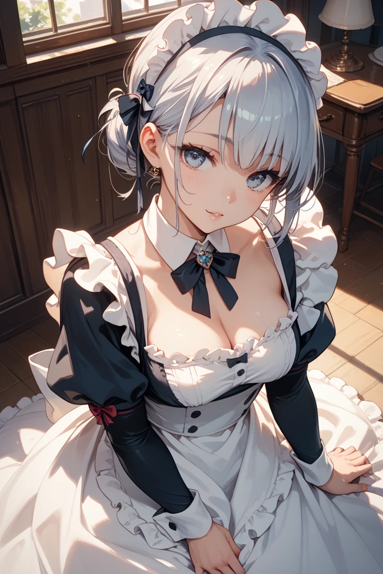(Original character、Обои Unity 16K, Masterpiece, Best Quality, Ultra-detailed, extremely detailed CGI, caustics, Cinematic lighting, Detailed, beautiful detail eyes, 独奏,sexy women), extra high resolution, fine skin, ((maiden, maid apron, maid headdress,)), (strong light)、oilly skin,Kirby:1.2,,Cowboy shot,sexy women,pixie cut, above the chest:1.2,Little Devil's Face,large breasts, Hair,Accentuate the rib cage