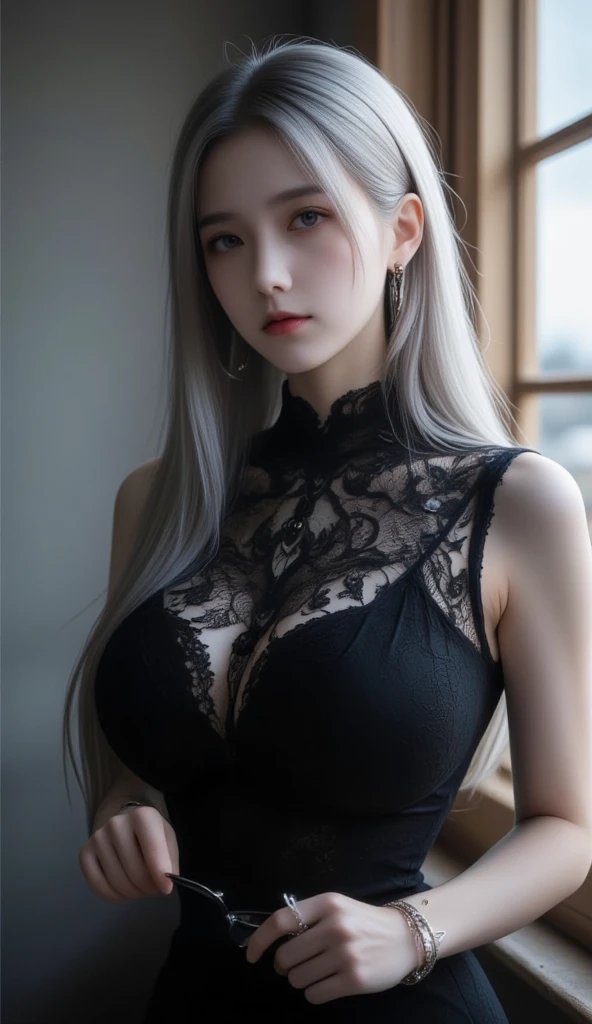 {{Masterpiece}}, {{Best quality}}, Rainy days, Cityscape, In the cyberpunk city, Cityscape, Huge_filesize, the wallpaper, Girl, Medium hair, White hair, Wavy hair, hair-bun, hair pin, purple hairband, Beautiful detailed eyes, Sweater dress, ribbed sweater, Miniskirt, {Sexy lingerie}, {Transparent underwear}, ((Transparent pantyhose)), exposed cleavage, ((exposed cleavage)), {Arashi}, fishnet stockings, knee_Boots, necklace, Black choker , half gloves , fingerless_mitts, Skirt lift,