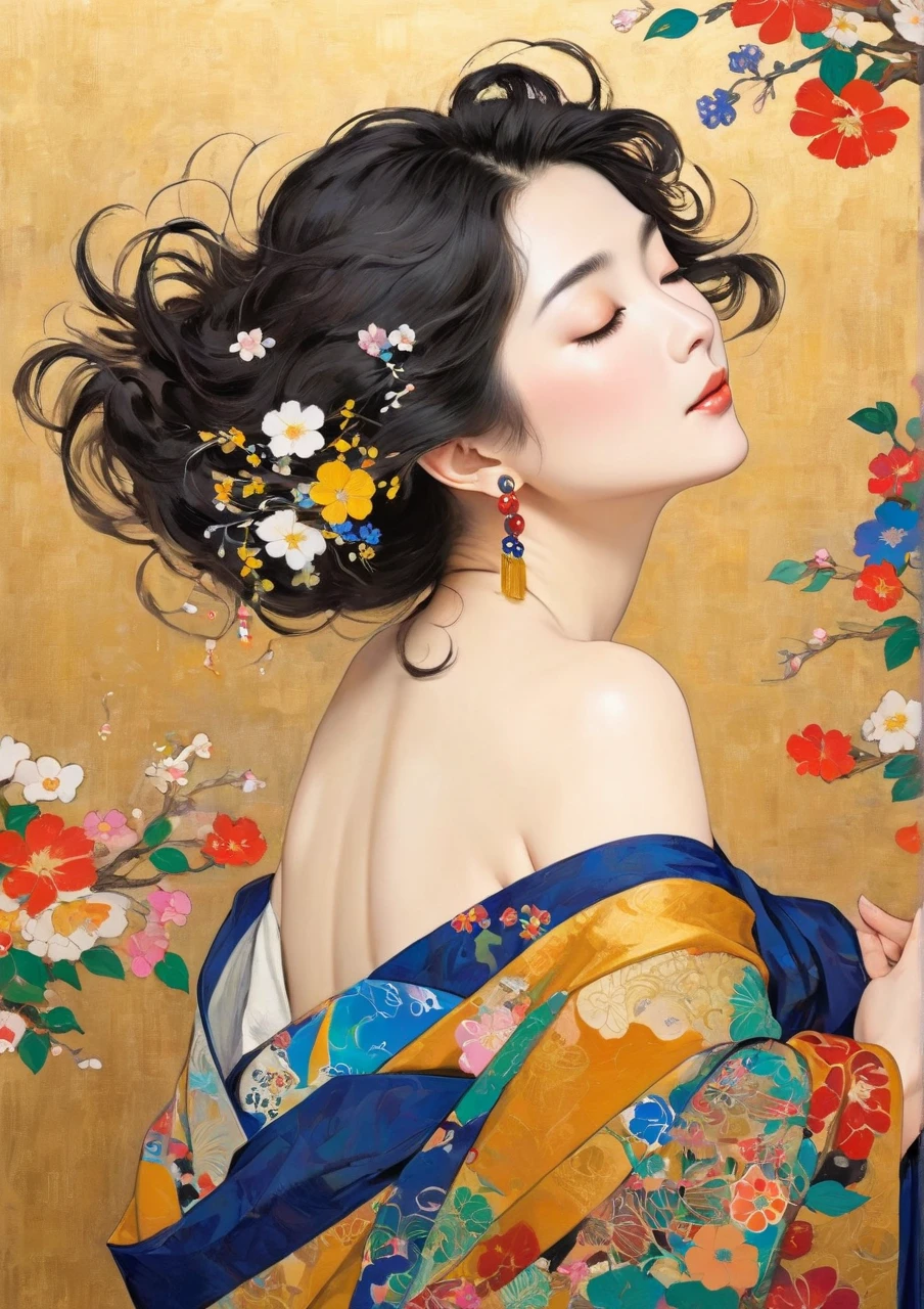 Masterpiece Paintings, Japanese middle-aged woman with Klimt pattern, flat art, Picture books, simple crayon drawing, abstract,  lots of flowers  , illustration , Masterpiece Japanese Painting, flat illustration ,  lots of flowers  , flat illustration の日本人中年女性, 44 years old, Off Shoulder, disheveled hair, Petals Dancing in the Wind, harf-open-eyes, sexy,