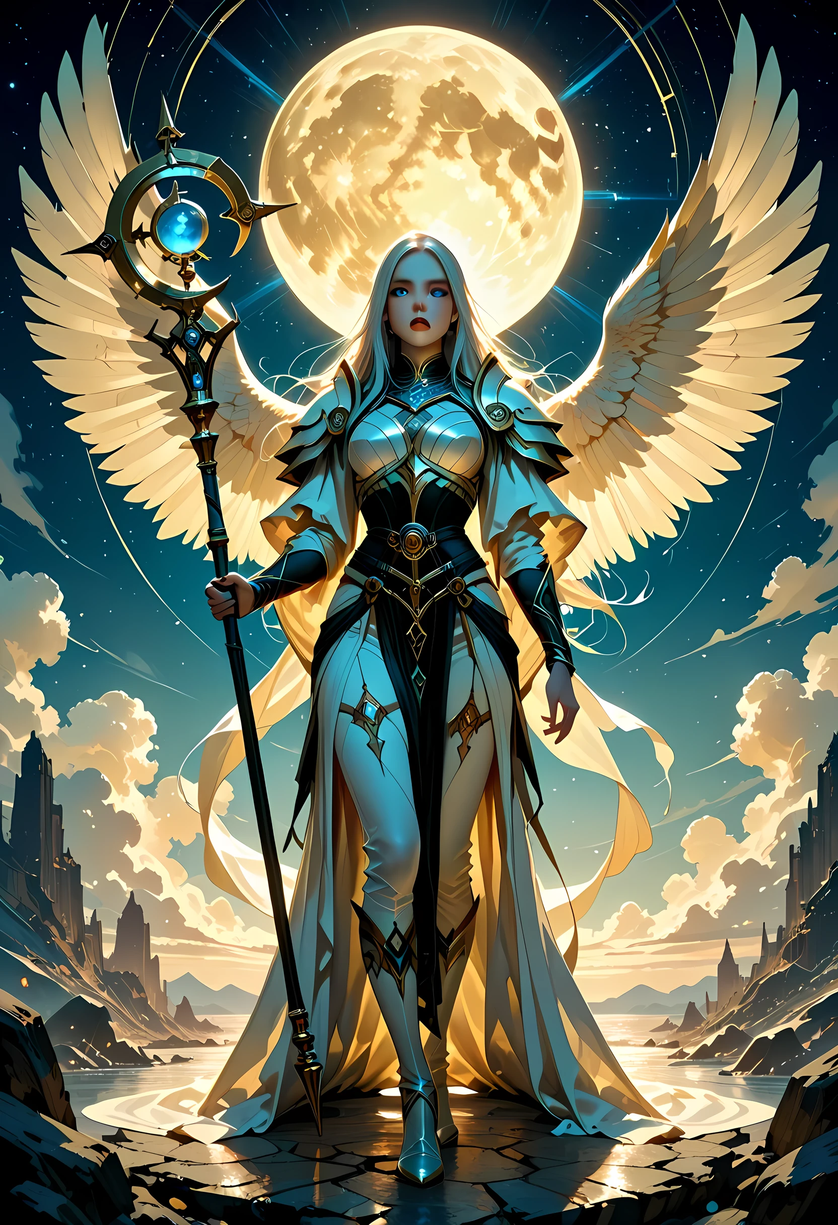 female, sorceress, casting divine spell, full body, aasimar, female, white large feathered wings, silver hair, blue eyes, determined face, divine light, intense eyes, ultra feminine, ultra detailed face, (Masterpieceת intense details:1.5), wearing white armor, high heeled boots, armed with staff, moon, stars, clouds, fantasy magical heaven background, cinematic lighting, soft light, silhouette, photorealism, 16k, highres, best quality, 2.5D rendering, fantasy, Fantasy Art Deco