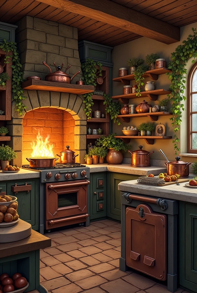 Cozy magical kitchen with copper pots stirring themselves, a fireplace oven where flames dance like birds, and a fridge that winks. Wooden shelves with jars of glowing ingredients, herbs drying overhead, and a marble counter where knives chop vegetables autonomously. Warm lighting, rustic fantasy style, reminiscent of Howl's Moving Castle.