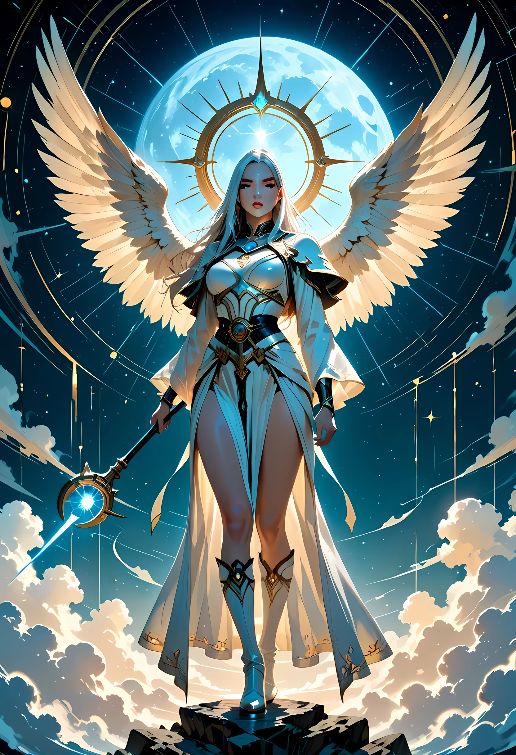 female, sorceress, casting divine spell, full body, aasimar, female, white large feathered wings, silver hair, blue eyes, determined face, divine light, intense eyes, ultra feminine, ultra detailed face, (Masterpieceת intense details:1.5), wearing white armor, high heeled boots, armed with staff, moon, stars, clouds, fantasy magical heaven background, cinematic lighting, soft light, silhouette, photorealism, 16k, highres, best quality, 2.5D rendering, fantasy, Fantasy Art Deco