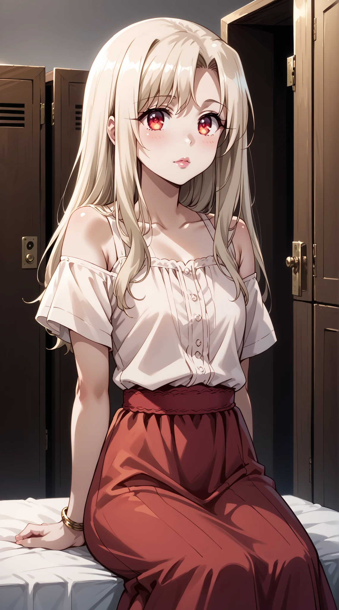 score_9, score_8_up, score_7_up, source_anime, 4K,perfect fingers,(perfect hands, perfect anatomy),prefect lighting, very aesthetic, intricate details,highly detailed background, masterpiece, high quality, best quality,
1girl,illyasviel von Einzbern, long hair, blonde hair, red eyes, parted bangs, Large Breast,
wearing ((bangle, bare shoulders, bracelet, dress, jewelry, short sleeves, shiny clothes, )),
A sagging breast, changing room, lockers, facing viewer, standing, ((arms behind back:1.2)), sensual, sitting, sitting_on_bed, lips,