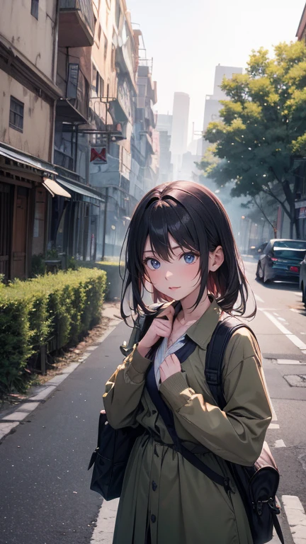 masterpiece, best quality, high res, Detailed figure and hands, Detailed weapon and expression, Apocalyptic  , Scarce trees , Tons of old buildings, (Lush plants growing on the road), (Abandoned cars and fallen signs), (straps, Wearing a backpack), (Woman with a tied head,  strong expression), (A woman who sheds tears of joy and wears old combat uniformed clothes with a focus on), tense atmosphere, , soft yet dreary twilight lighting, Cinematic wide-angle composition
