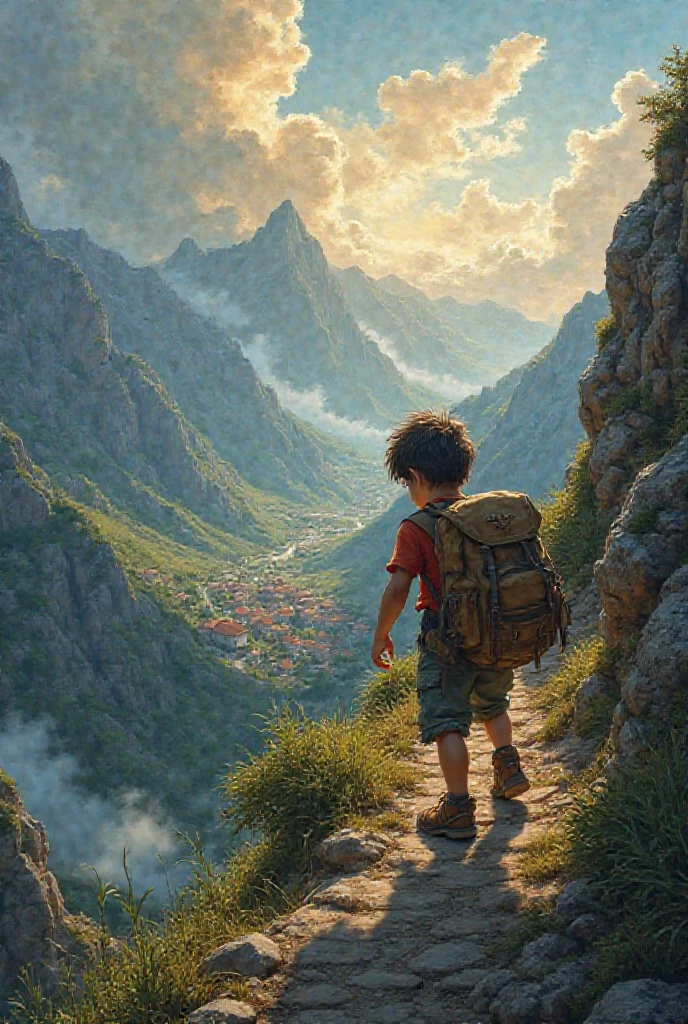 The boy climbing a steep mountain path with a torn bag, while villagers in the background laugh – dramatic clouds, uphill trail, sunrise.