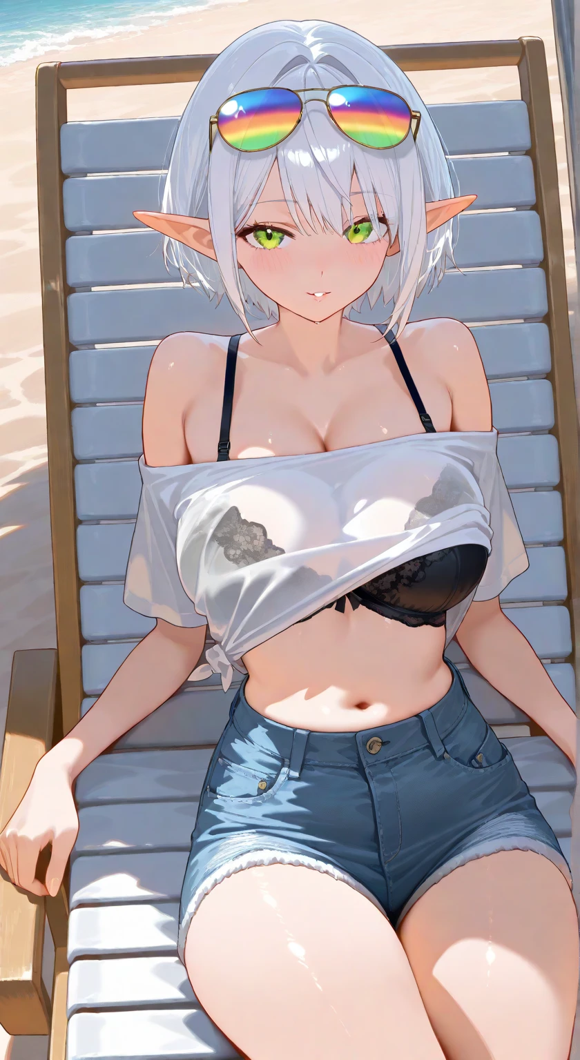 Sailor Moon in a white semi-transparent micro bikini、beautiful blonde、Big beautiful blue eyes、Smooth, white skin like porcelain、The best slightly plump style、(Super short bob with short nape)、Sharp and stern look、(((A detailed depiction of the body visible through the very thin material of the swimsuit、Detailed depiction of wrinkles in a swimsuit)))、Maximum number of pixels、Photorealistic image quality、(Depiction of pointed areola)、Sitting pose with one leg tucked